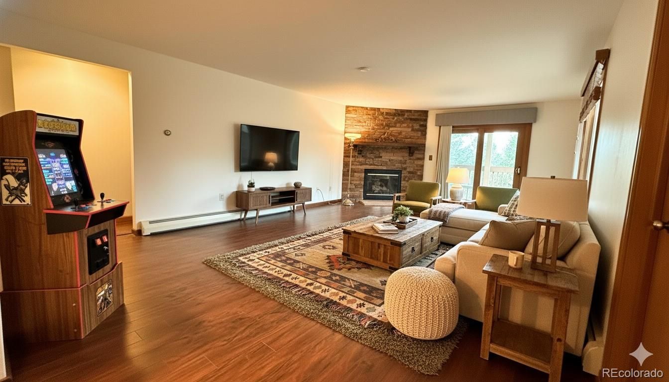 Fireplace, Interior, Living room, Stone Walls, Wood Texture Flooring