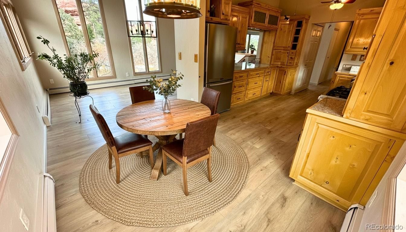 Dining room, Interior, Pendant Lights, Wood Texture Flooring
