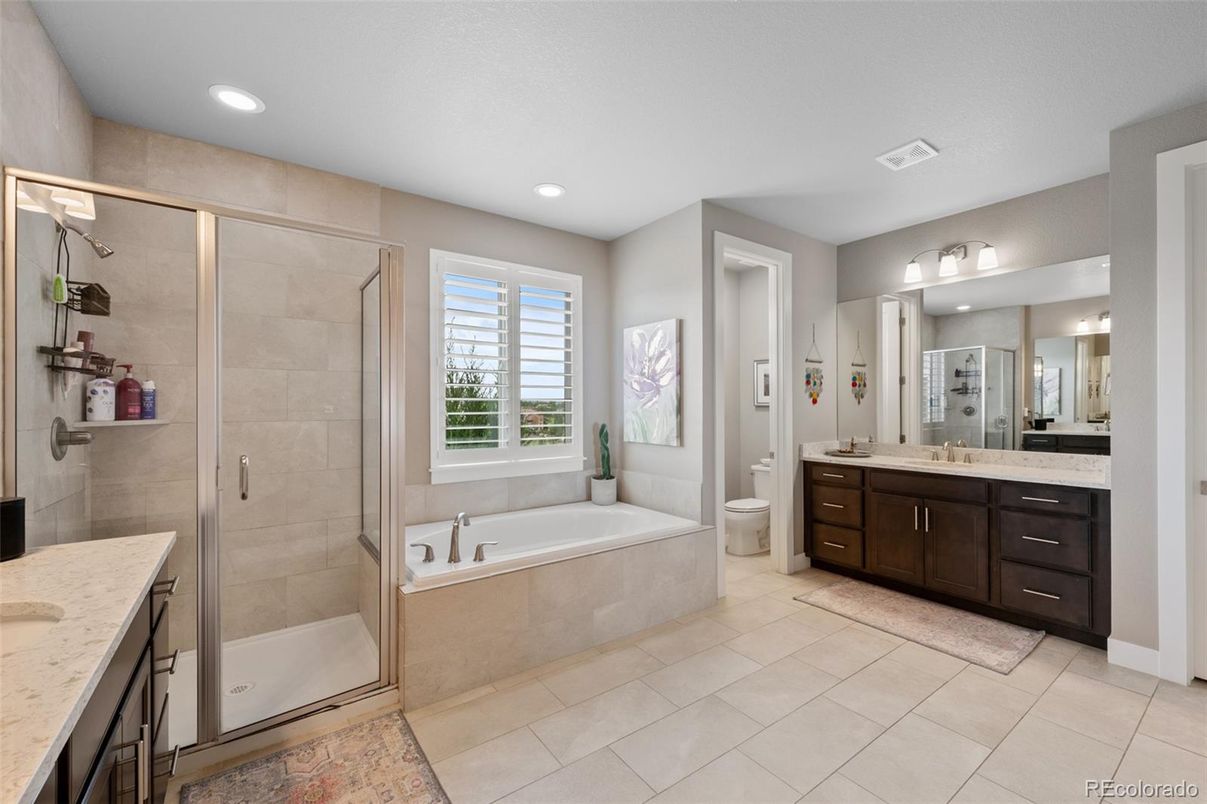Bathroom, Dual Sink Vanities, Glass Shower, Interior, Recessed Lighting