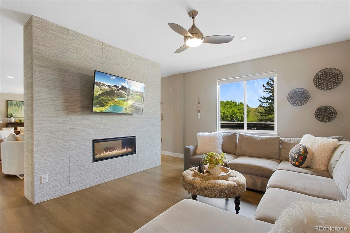 Fireplace, Interior, Living room, Recessed Lighting, Wood Texture Flooring