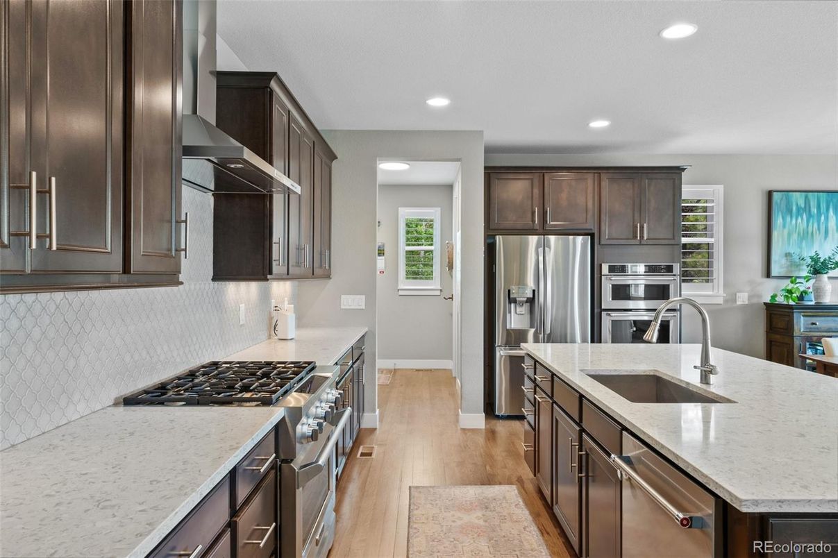 Interior, Kitchen, Recessed Lighting, Stainless Steel Appliances, Wood Texture Flooring