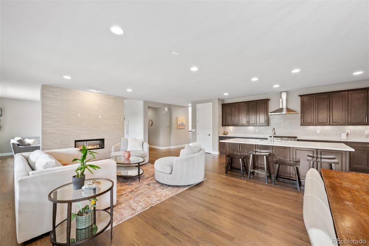 Fireplace, Interior, Kitchen, Living room, Recessed Lighting, Wood Texture Flooring