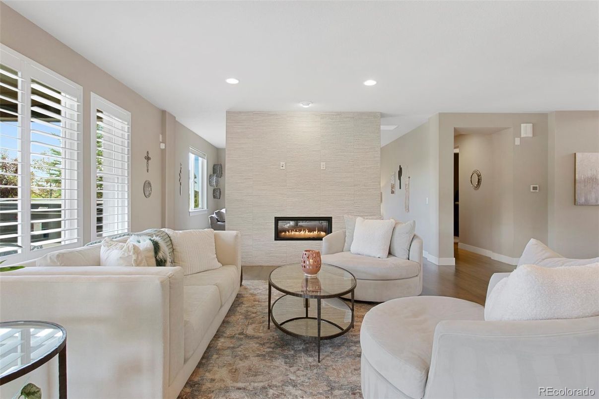 Fireplace, Interior, Living room, Recessed Lighting, Wood Texture Flooring