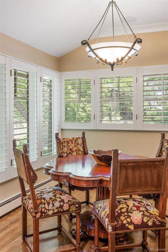 Dining room, Interior, Pendant Lights, Wood Texture Flooring