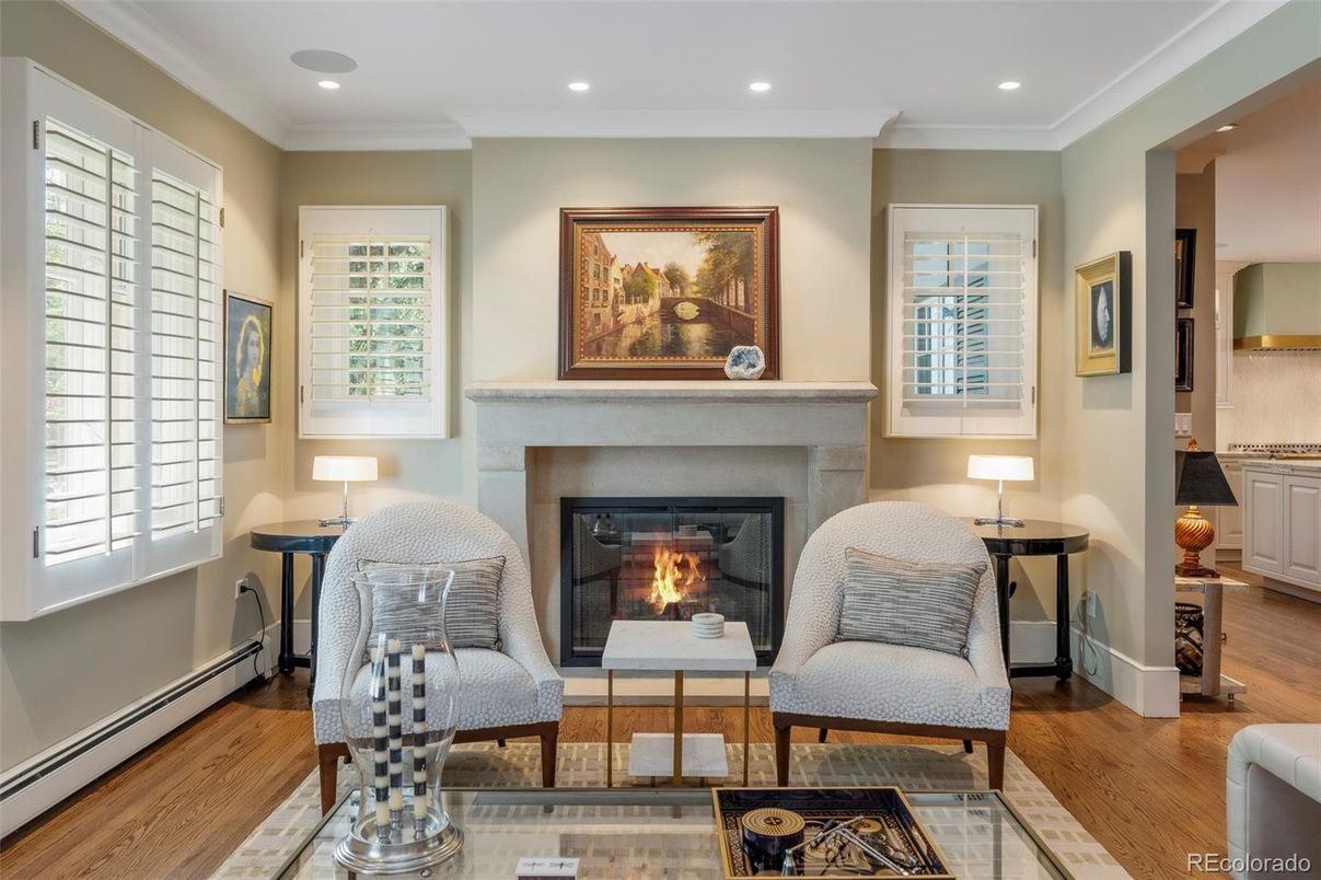 Fireplace, Interior, Living room, Recessed Lighting, Wood Texture Flooring