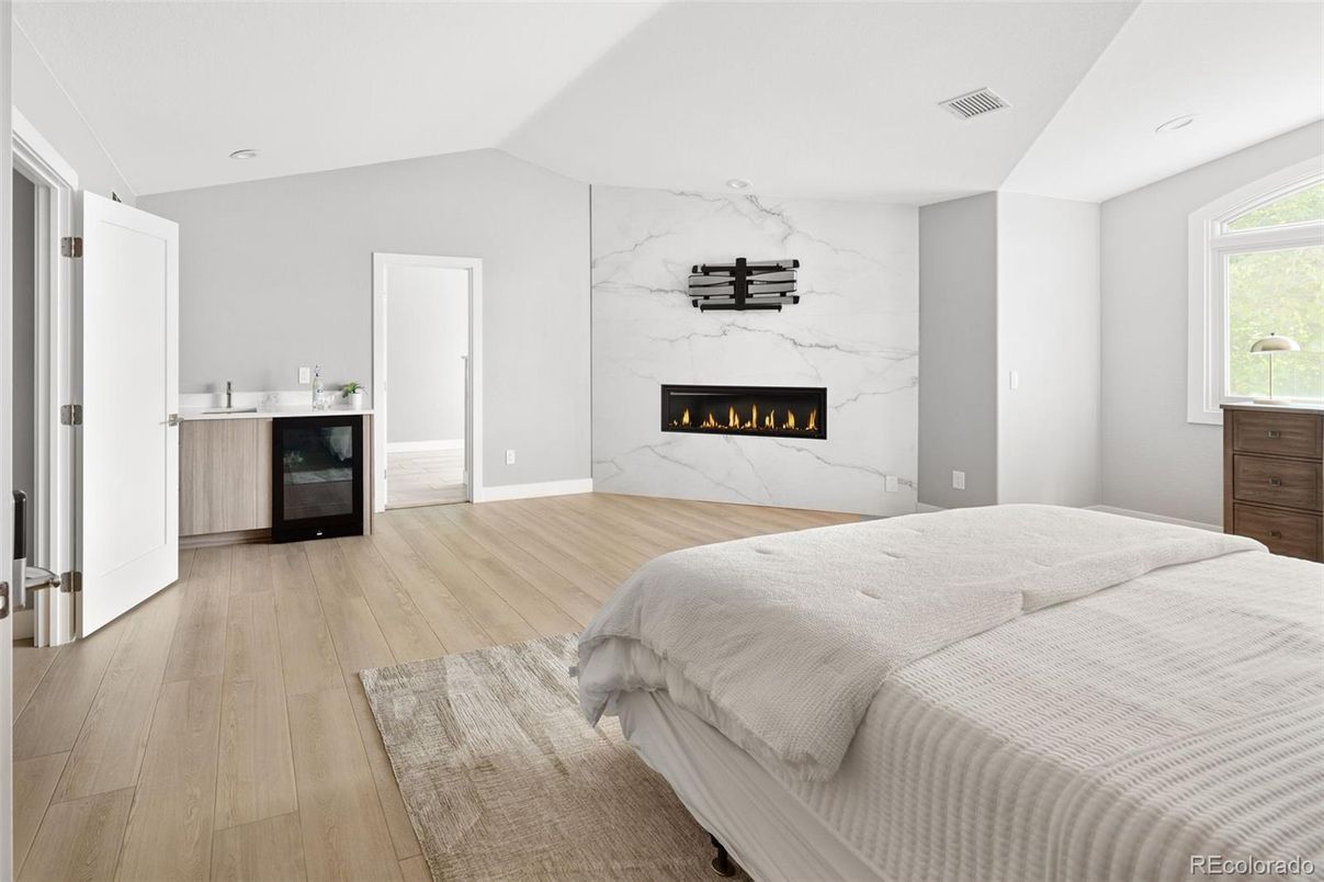 Bedroom, Fireplace, Interior, Marble Walls, Recessed Lighting, Wood Texture Flooring