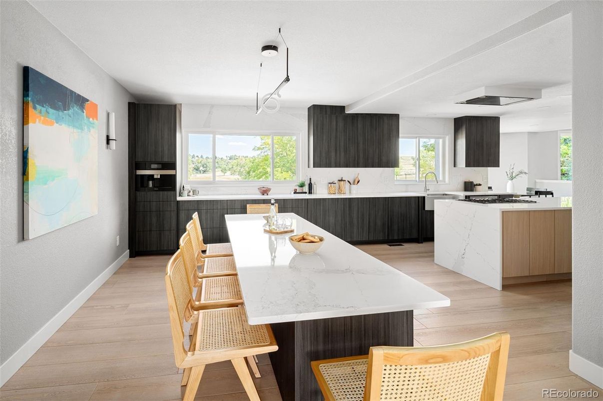 Interior, Kitchen, Marble Walls, Pendant Lights, Wood Texture Flooring