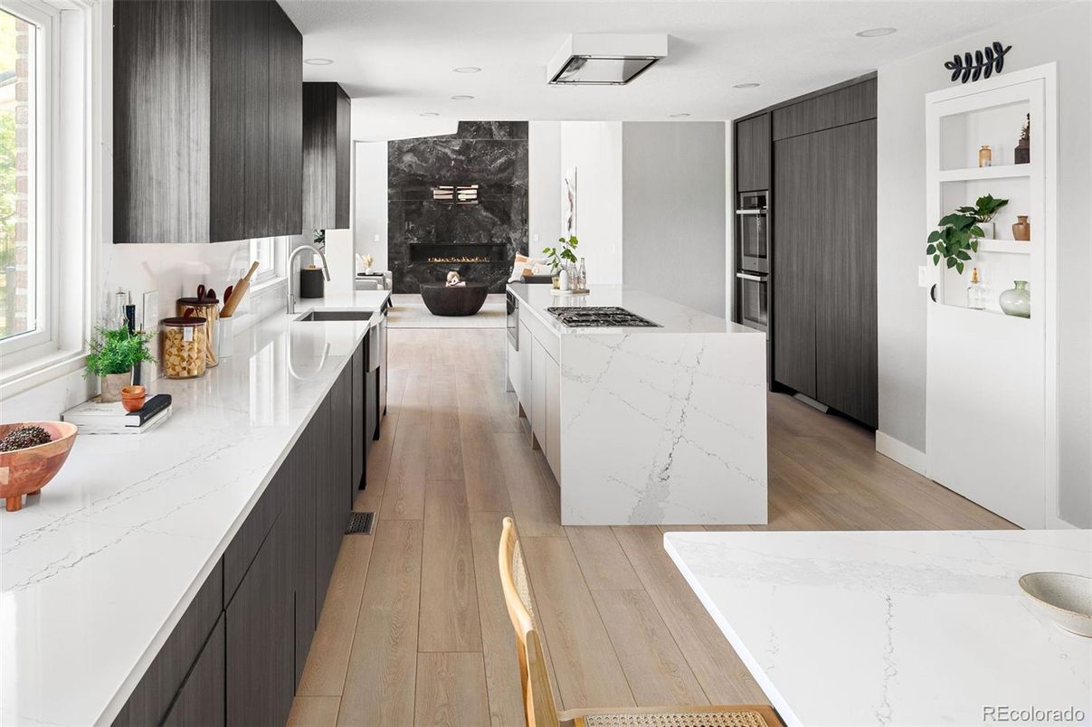 Fireplace, Interior, Kitchen, Recessed Lighting, Wood Texture Flooring