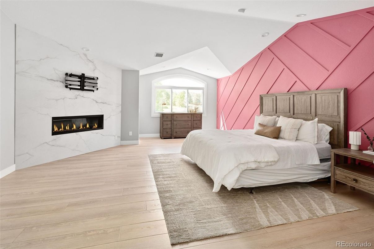 Bedroom, Fireplace, Interior, Marble Walls, Recessed Lighting, Wood Texture Flooring