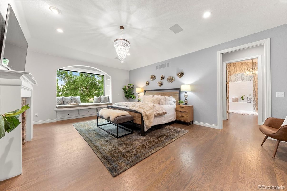 Bedroom, Chandelier, Fireplace, Interior, Recessed Lighting, Wood Texture Flooring