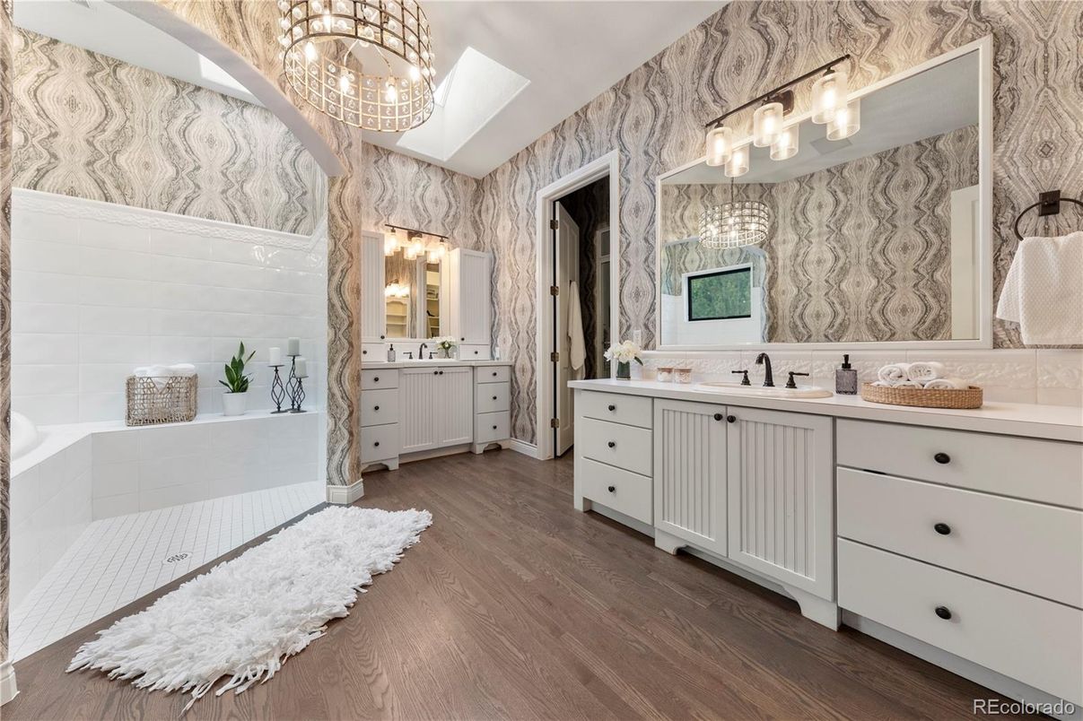 Bathroom, Chandelier, Interior, Wood Texture Flooring