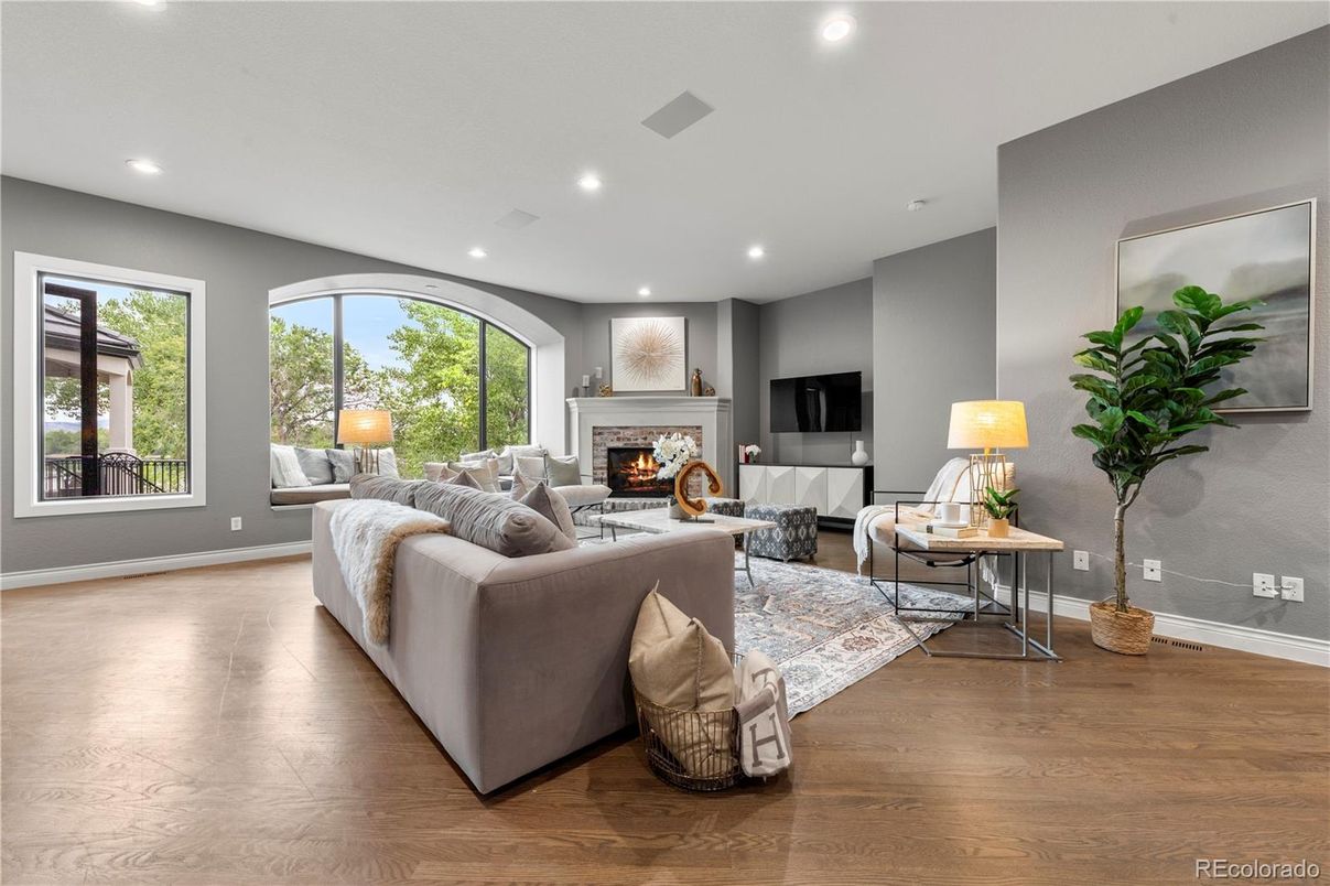 Fireplace, Interior, Living room, Recessed Lighting, Wood Texture Flooring