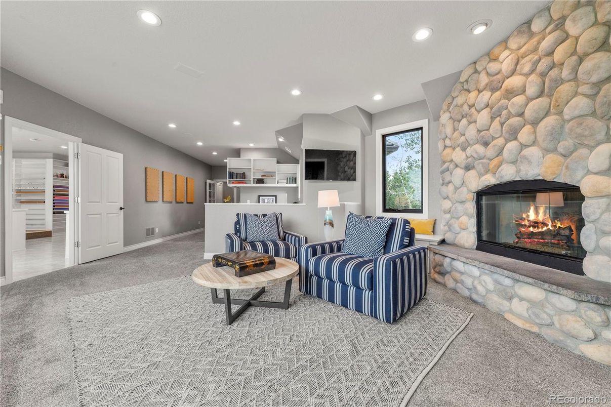 Fireplace, Interior, Living room, Recessed Lighting, Stone Walls