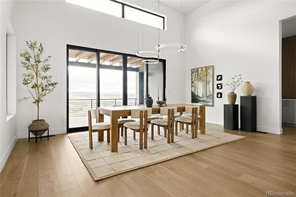 Dining room, Interior, Pendant Lights, Water, Wood Texture Flooring