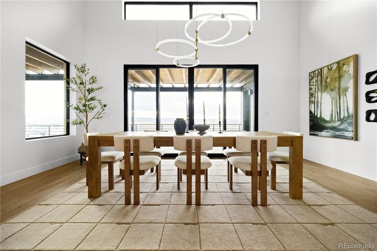 Dining room, Interior, Pendant Lights, Wood Texture Flooring