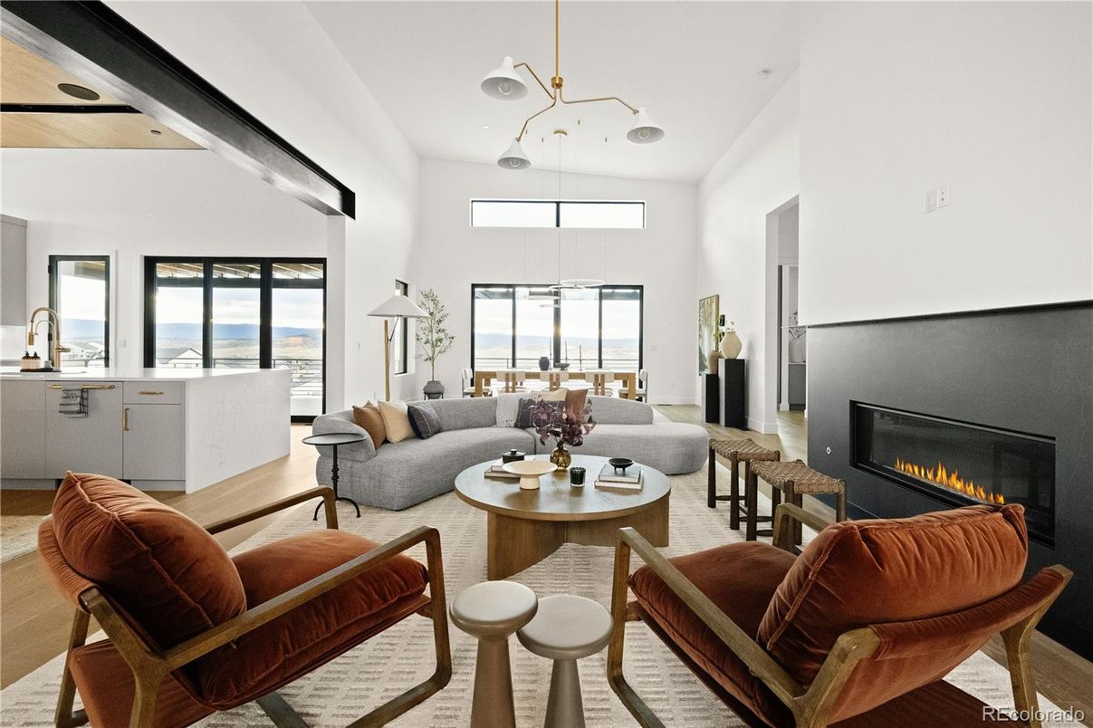 Fireplace, Interior, Living room, Pendant Lights, Water, Wood Texture Flooring