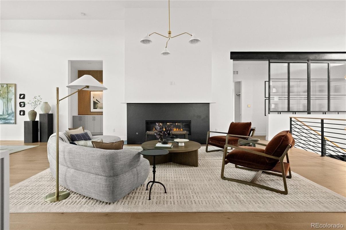 Fireplace, Interior, Living room, Pendant Lights, Wood Texture Flooring