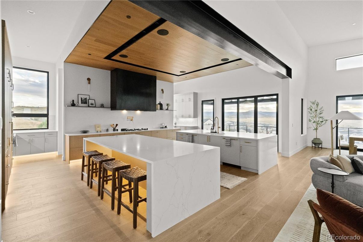 Interior, Kitchen, Recessed Lighting, Wooden Ceilings, Wood Texture Flooring