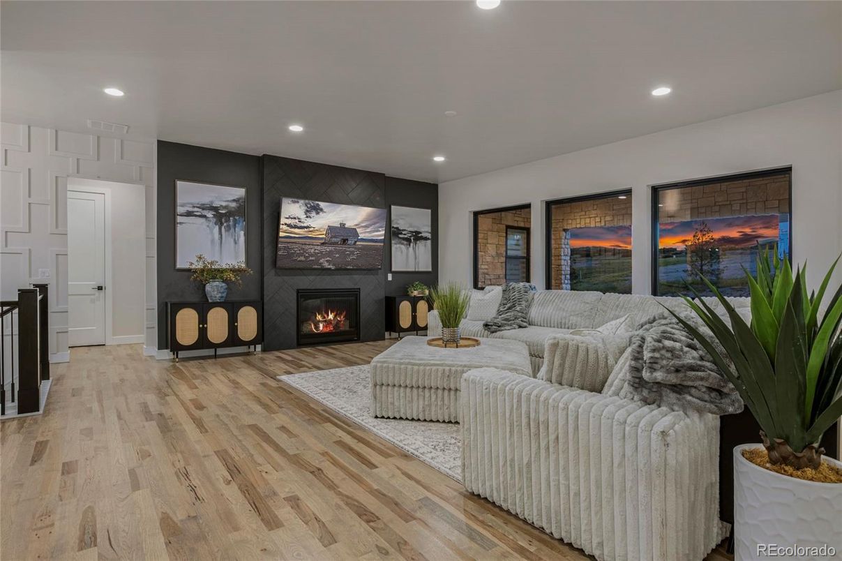 Fireplace, Interior, Living room, Recessed Lighting, Wood Texture Flooring