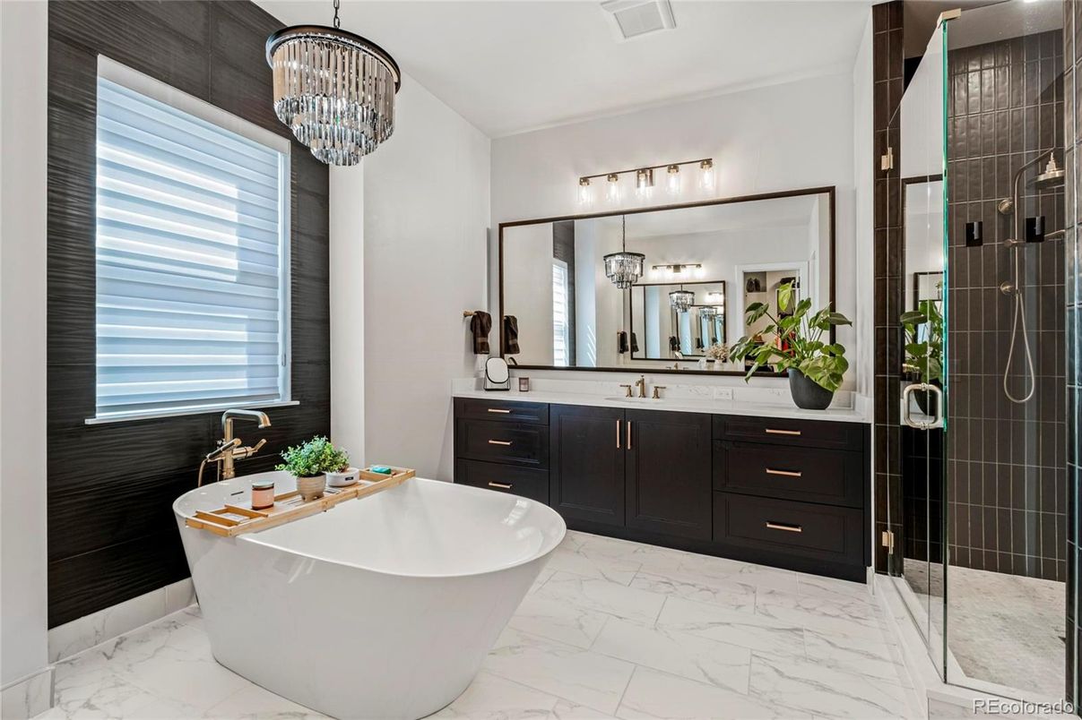 Bathroom, Chandelier, Dual Sink Vanities, Free Standing Baths, Glass Shower, Interior, Marble