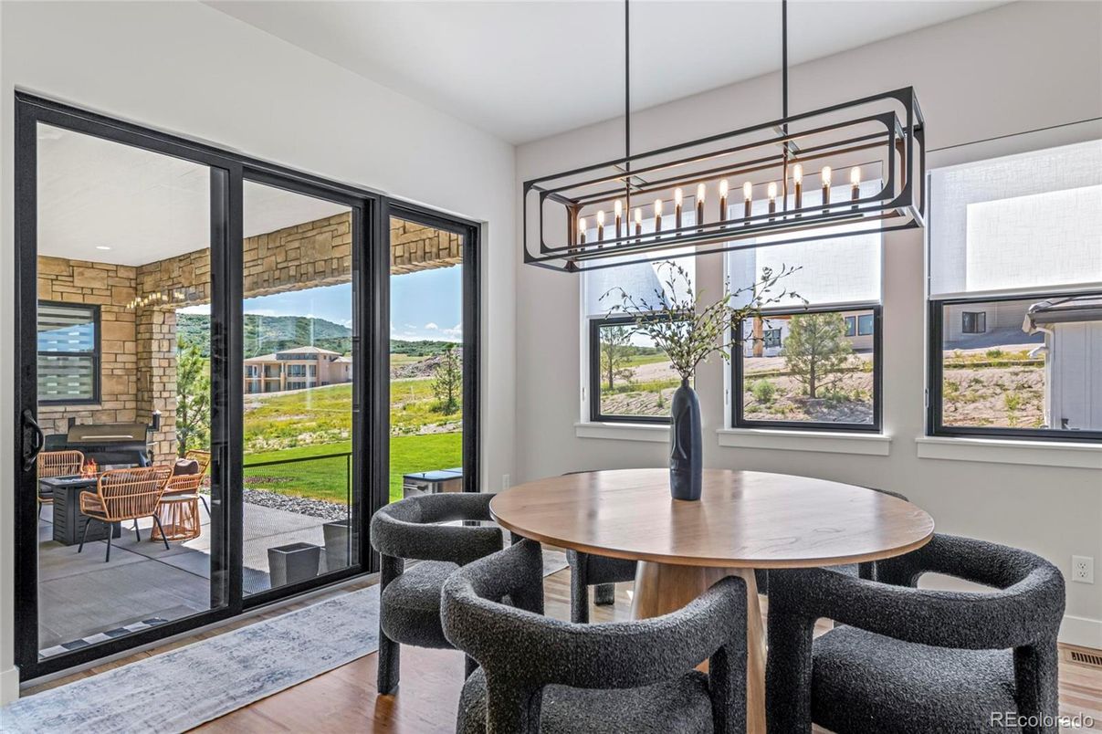 Dining room, Interior, Pendant Lights, Wood Texture Flooring