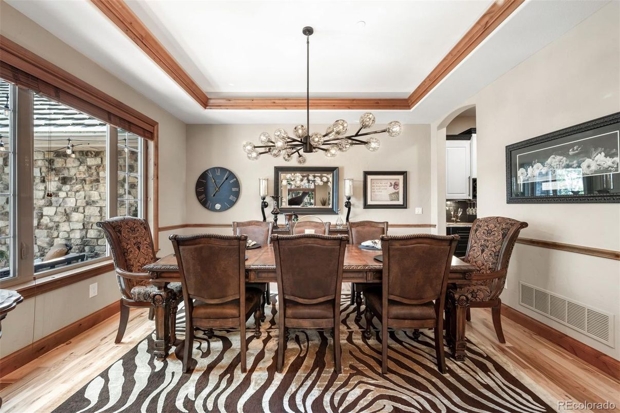 Dining room, Interior, Pendant Lights, Wood Texture Flooring