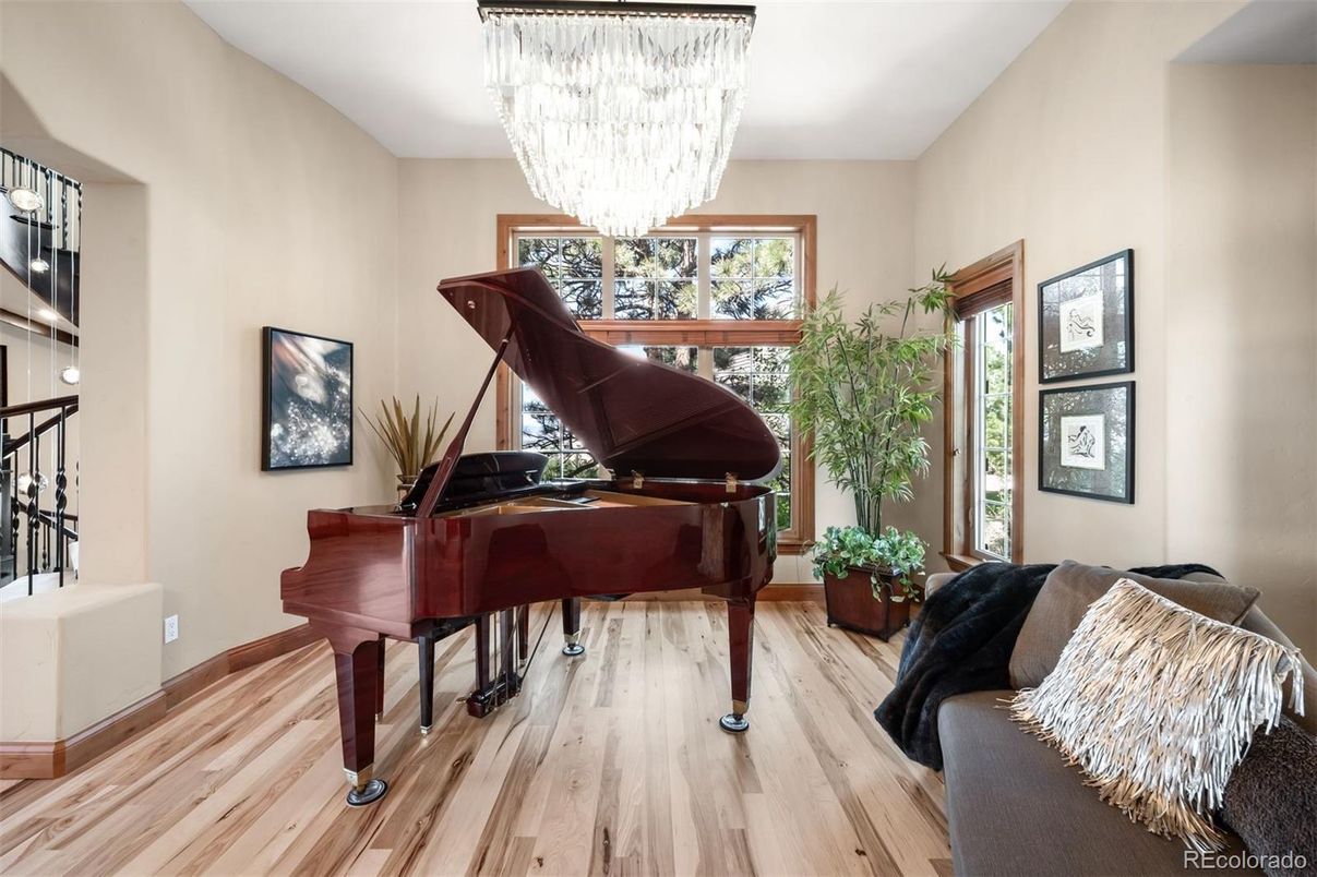 Chandelier, Interior, Piano, Wood Texture Flooring