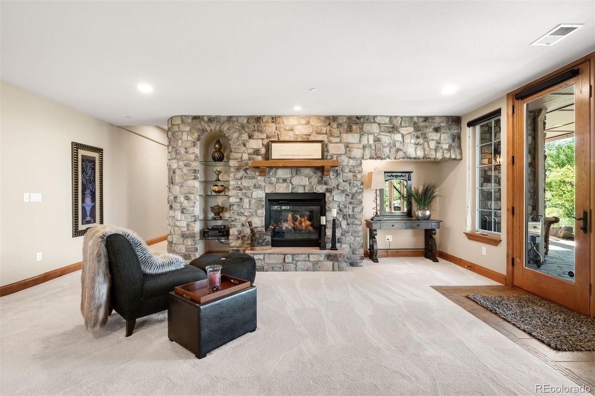 Fireplace, Interior, Recessed Lighting, Stone Walls