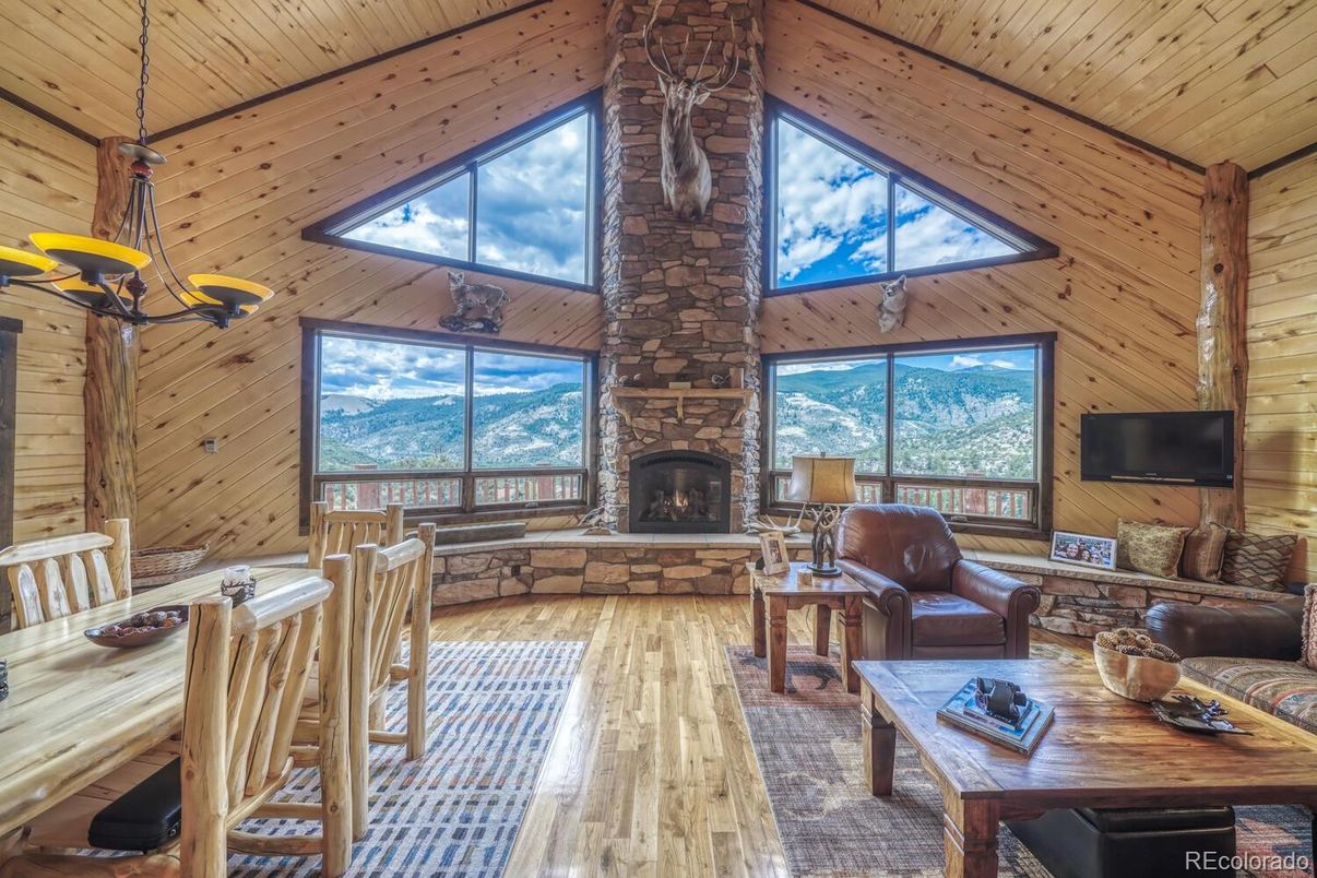 Dining room, Fireplace, Interior, Living room, Wooden Beams, Wooden Ceilings, Wood Texture Flooring, Wooden Walls