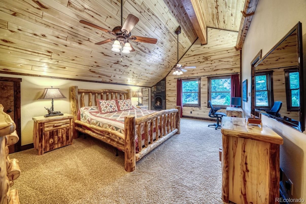 Bedroom, Fireplace, Interior, Wooden Beams, Wooden Ceilings, Wooden Walls