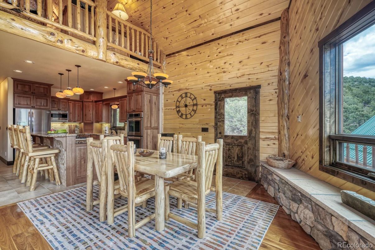 Dining room, Fireplace, Interior, Kitchen, Recessed Lighting, Wooden Ceilings, Wood Texture Flooring, Wooden Walls