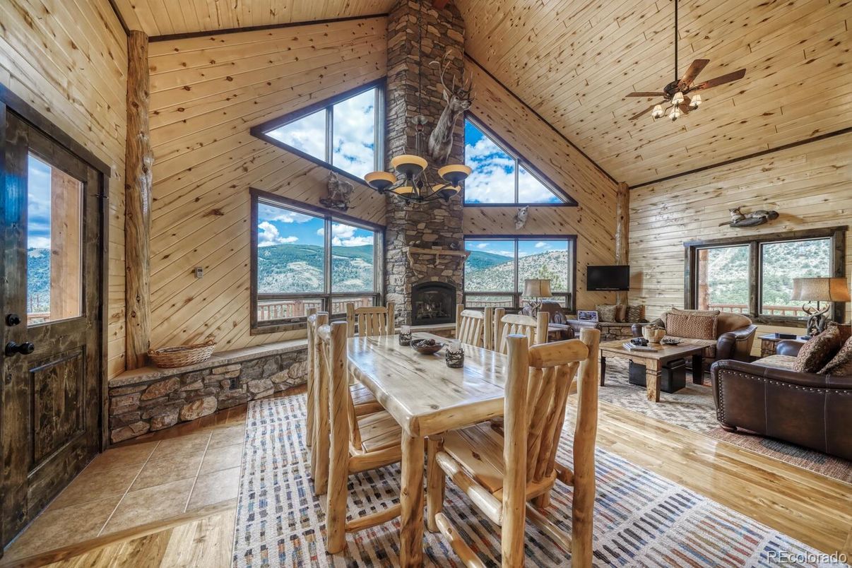 Dining room, Fireplace, Interior, Living room, Wooden Ceilings, Wood Texture Flooring, Wooden Walls