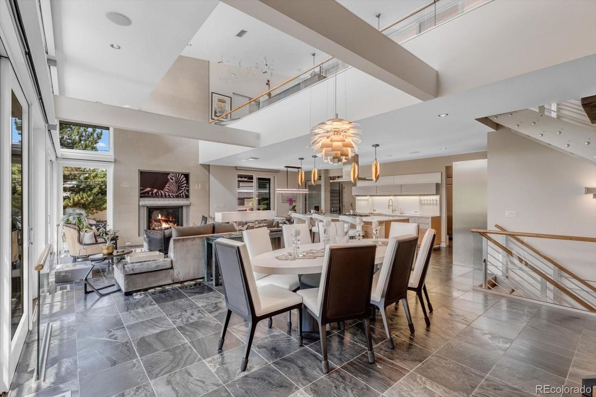 Chandelier, Dining room, Fireplace, Interior, Kitchen, Living room, Pendant Lights, Recessed Lighting