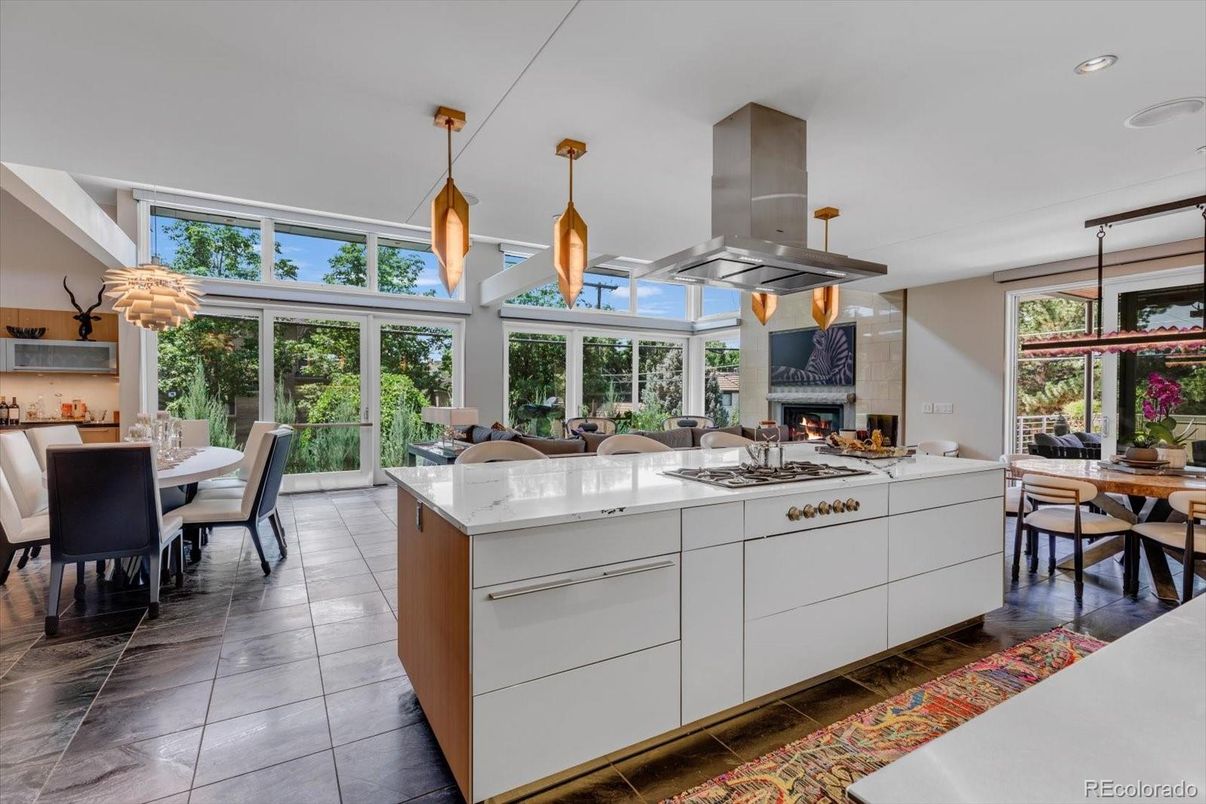 Dining room, Fireplace, Interior, Kitchen, Pendant Lights, Recessed Lighting