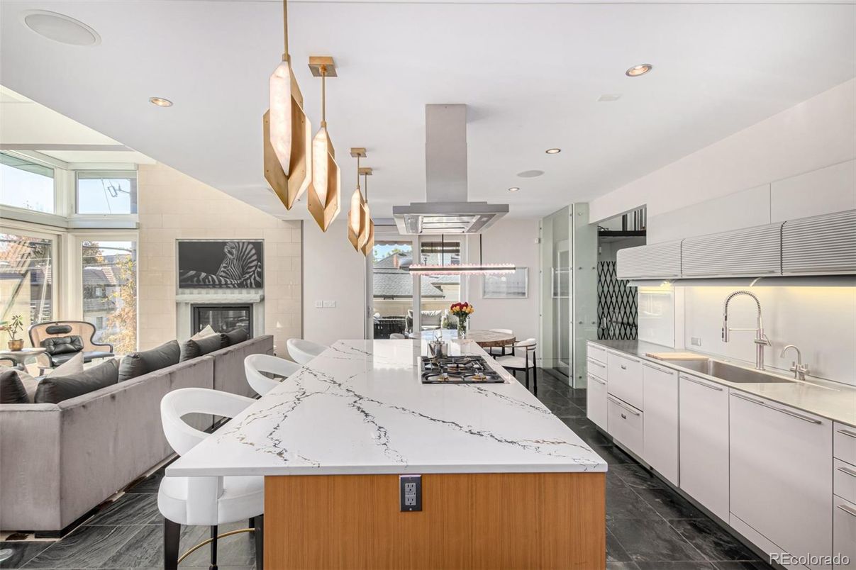 Dining room, Fireplace, Interior, Kitchen, Pendant Lights, Recessed Lighting, Stainless Steel Appliances