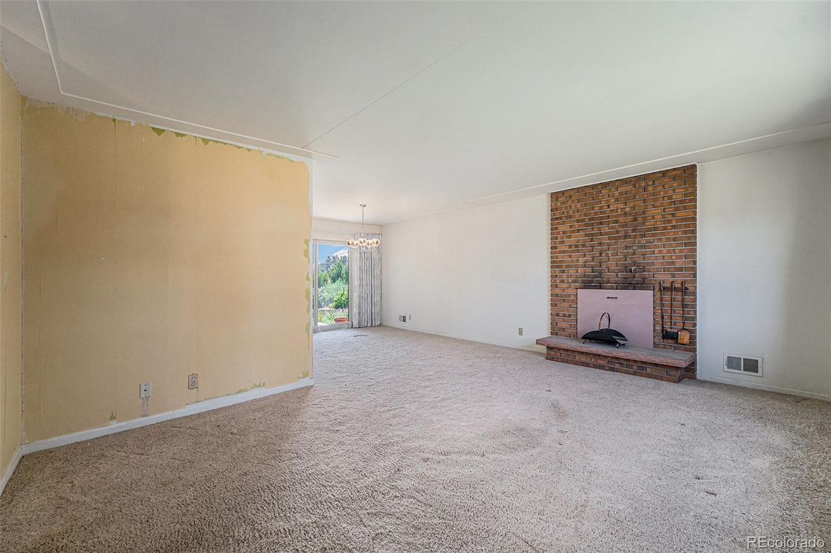 Chandelier, Empty room, Fireplace, Interior, Stone Walls