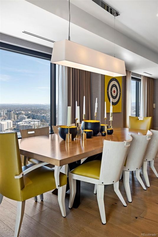 Dining room, Interior, Pendant Lights, Recessed Lighting, Wood Texture Flooring