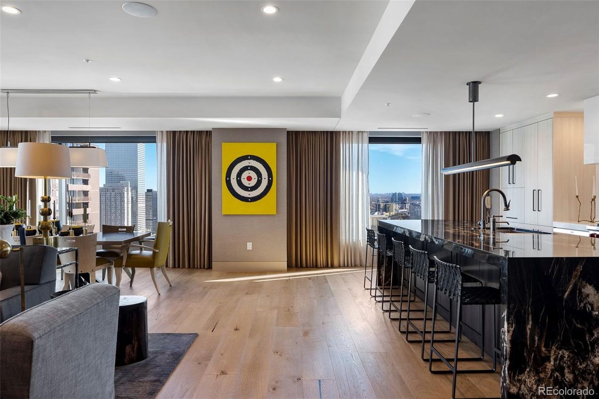 Dining room, Interior, Pendant Lights, Recessed Lighting, Wood Texture Flooring