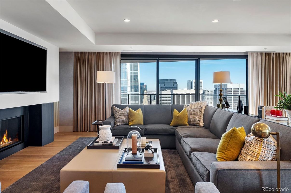 Fireplace, Interior, Living room, Recessed Lighting, Wood Texture Flooring