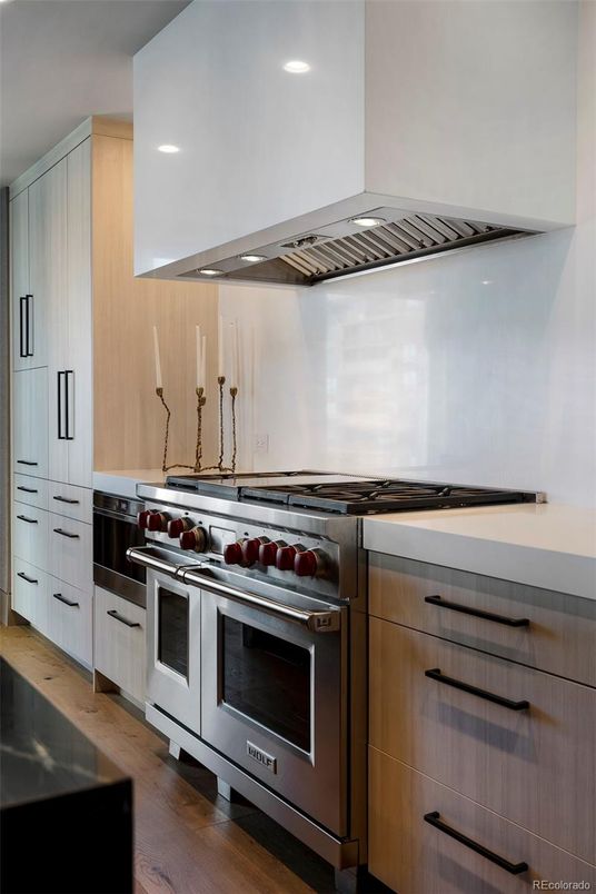 Interior, Kitchen, Recessed Lighting, Stainless Steel Appliances, Wood Texture Flooring