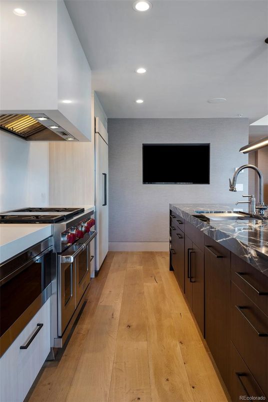 Interior, Kitchen, Recessed Lighting, Stainless Steel Appliances, Wood Texture Flooring