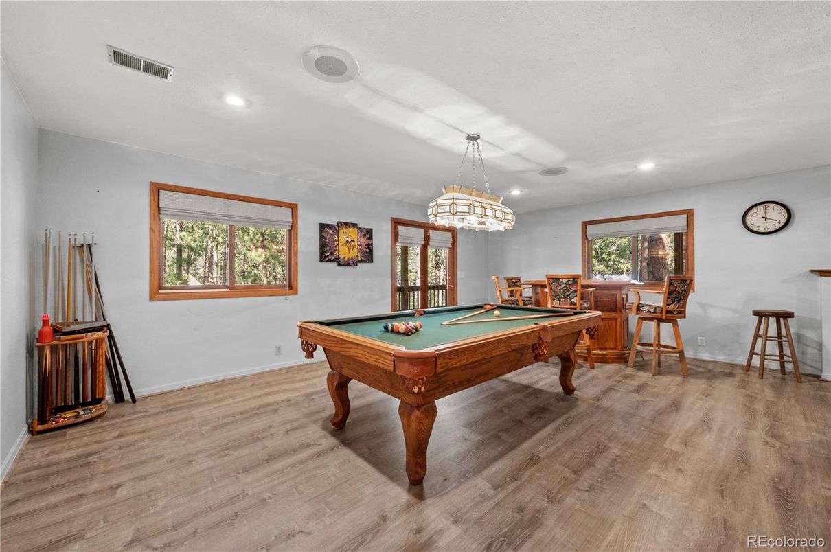 Billiard Table, Chandelier, Game Room, Interior, Recessed Lighting, Wood Texture Flooring