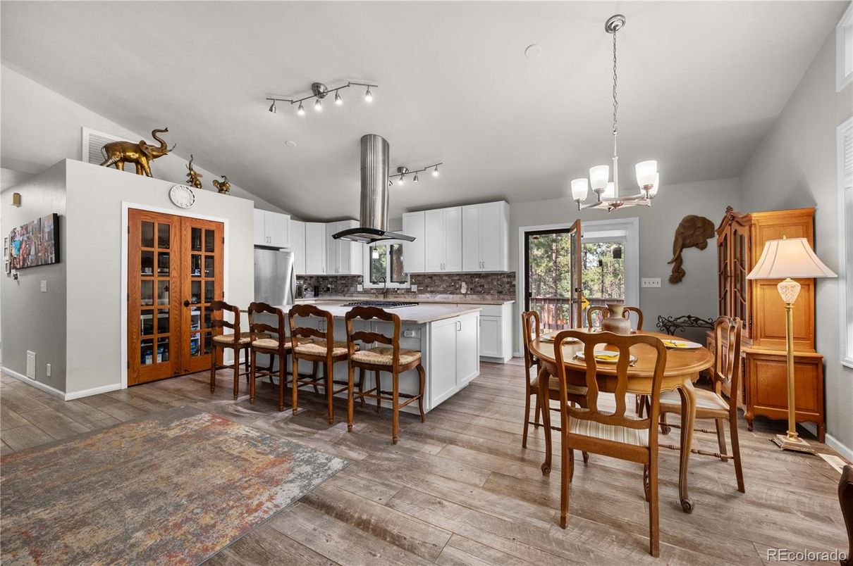 Chandelier, Dining room, Interior, Kitchen, Pendant Lights, Wood Texture Flooring