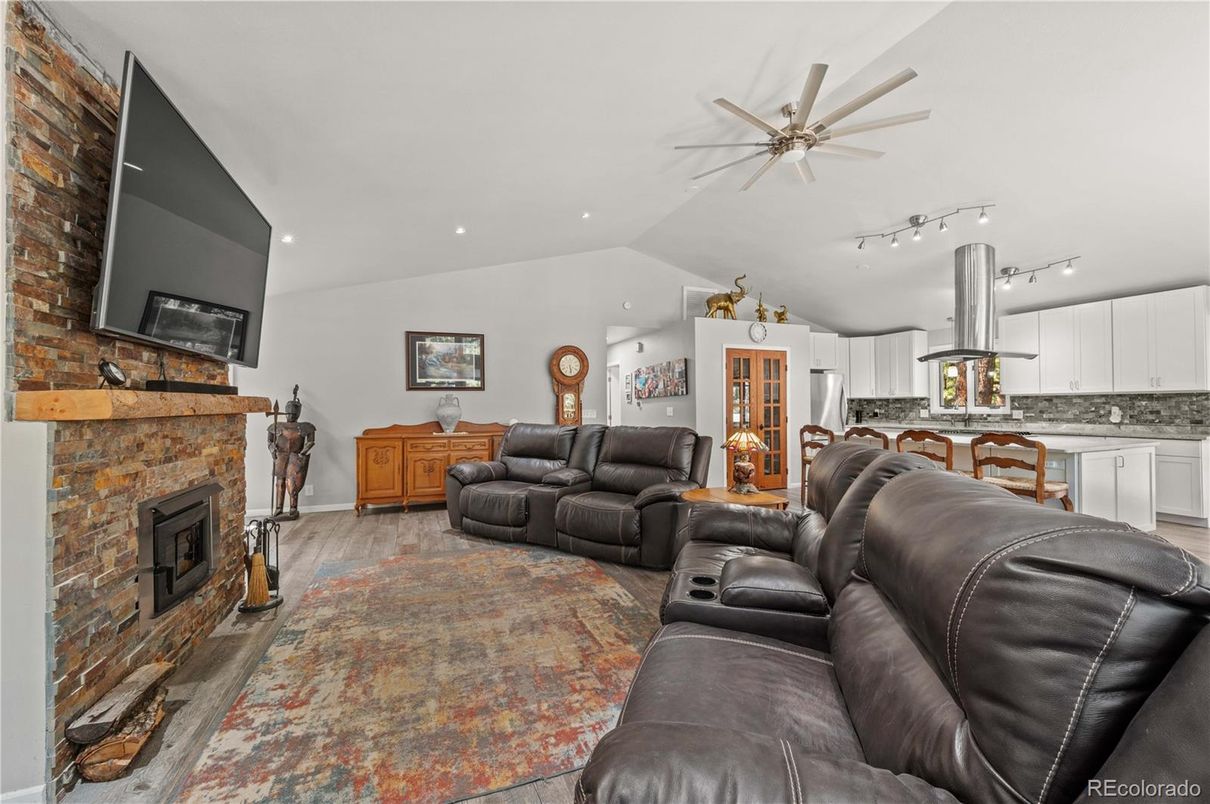 Home Theatre Room, Fireplace, Interior, Kitchen, Living room, Recessed Lighting, Stone Walls