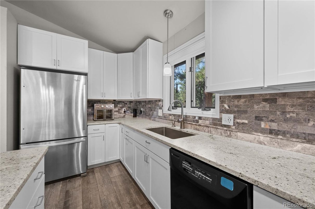 Interior, Kitchen, Pendant Lights, Stainless Steel Appliances, Wood Texture Flooring