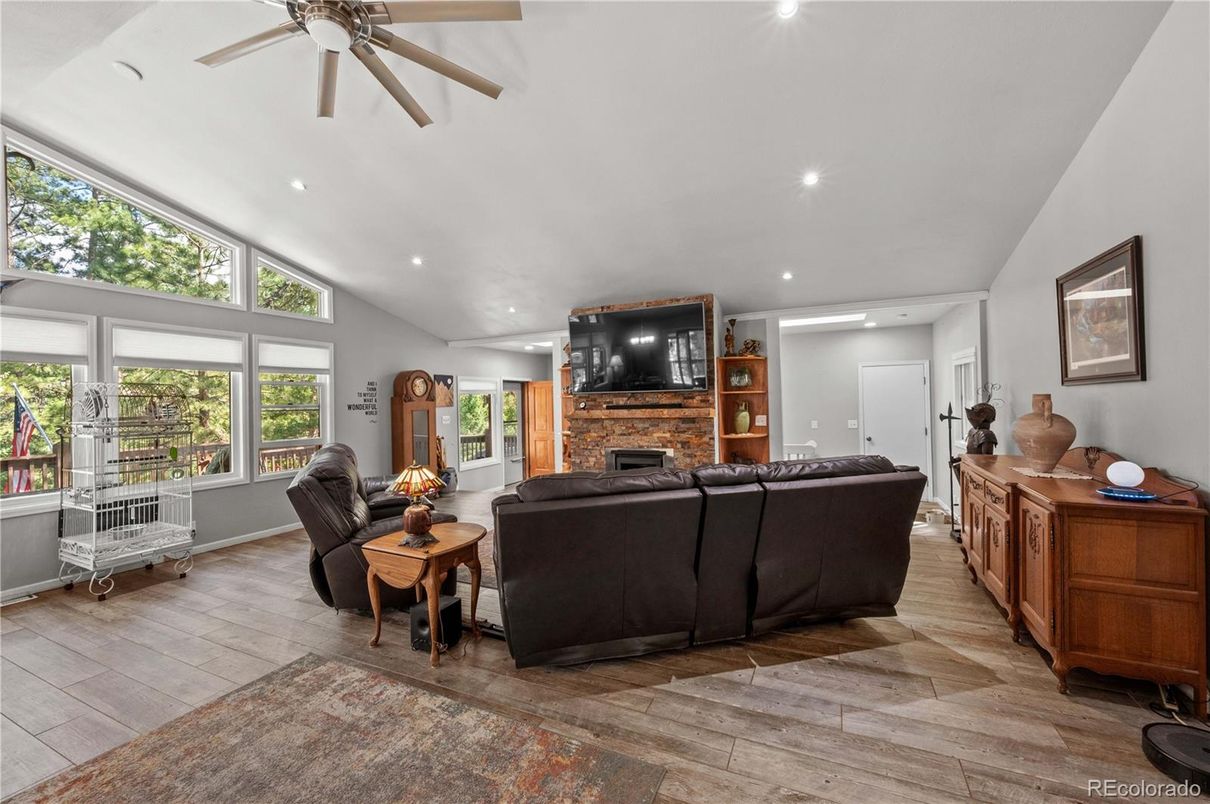 Fireplace, Interior, Living room, Recessed Lighting, Wood Texture Flooring