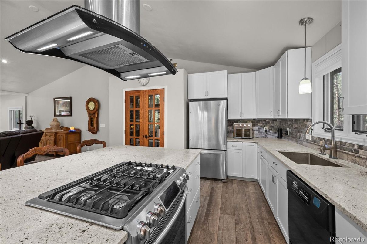 Interior, Kitchen, Pendant Lights, Stainless Steel Appliances, Wood Texture Flooring