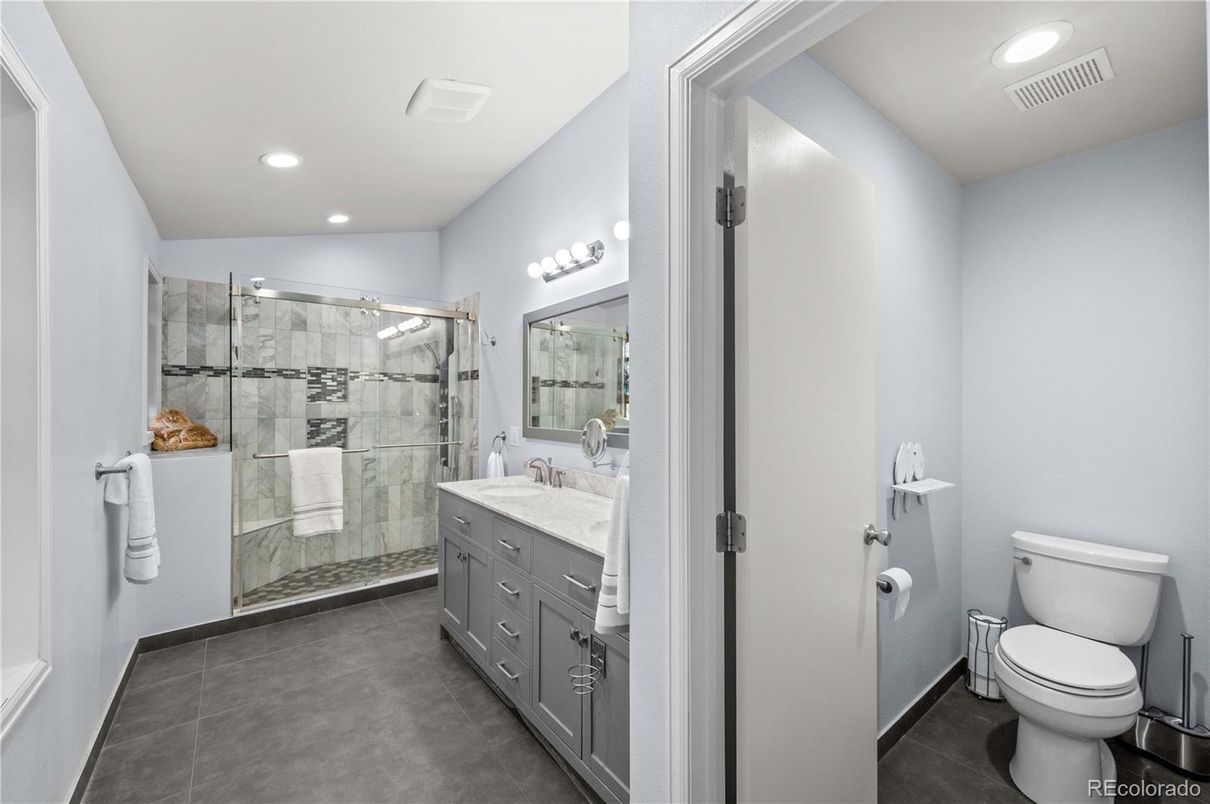 Bathroom, Dual Sink Vanities, Glass Shower, Interior, Recessed Lighting