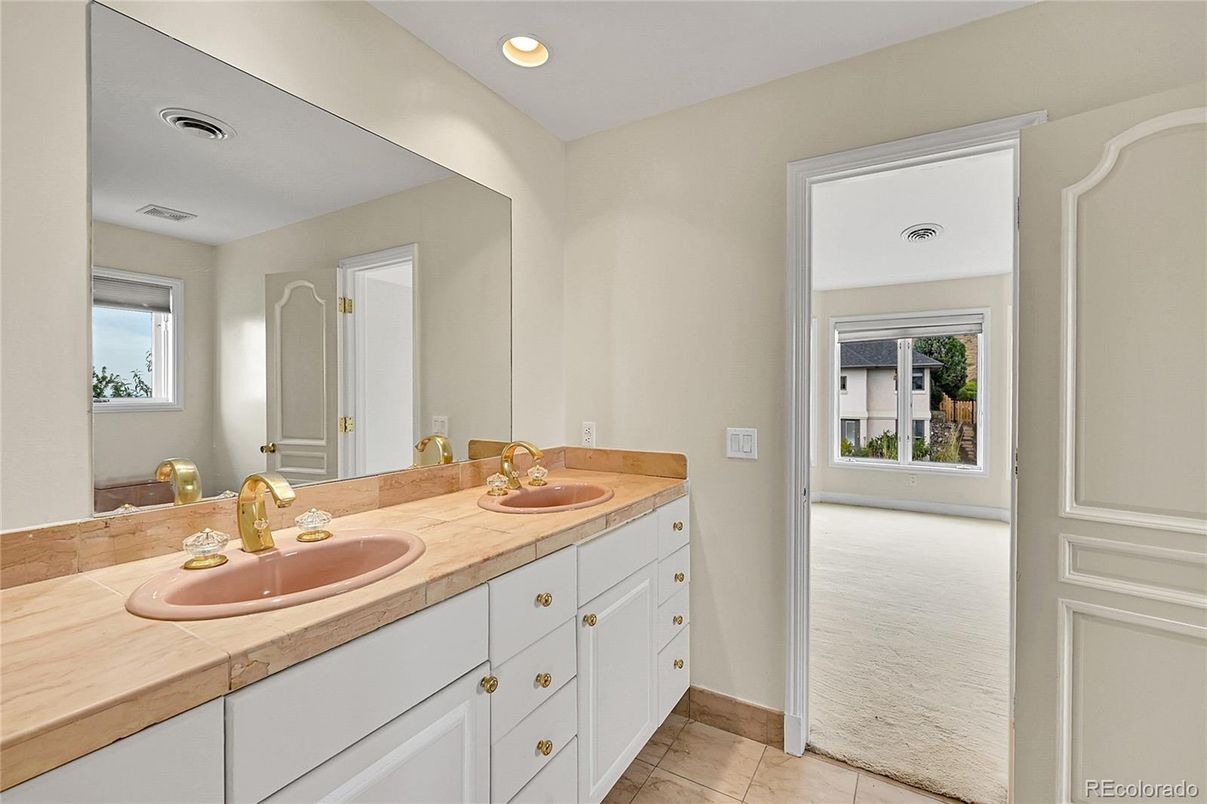 Bathroom, Dual Sink Vanities, Interior, Recessed Lighting, Tile Countertops