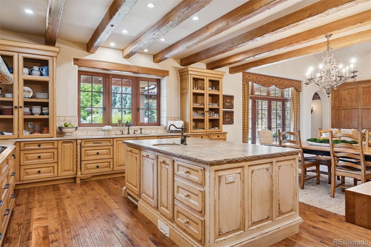 Chandelier, Dining room, Interior, Kitchen, Recessed Lighting, Wooden Beams, Wood Texture Flooring